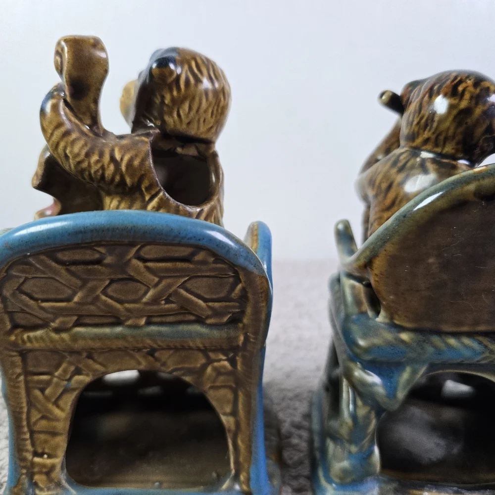 2 Vintage Majolica Monkey Music Fiqurines